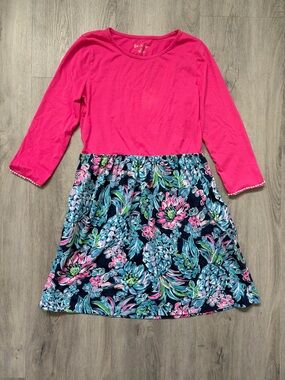 Lilly Pulitzer Hot Pink Top with Navy Floral Skirt Girls' Dress